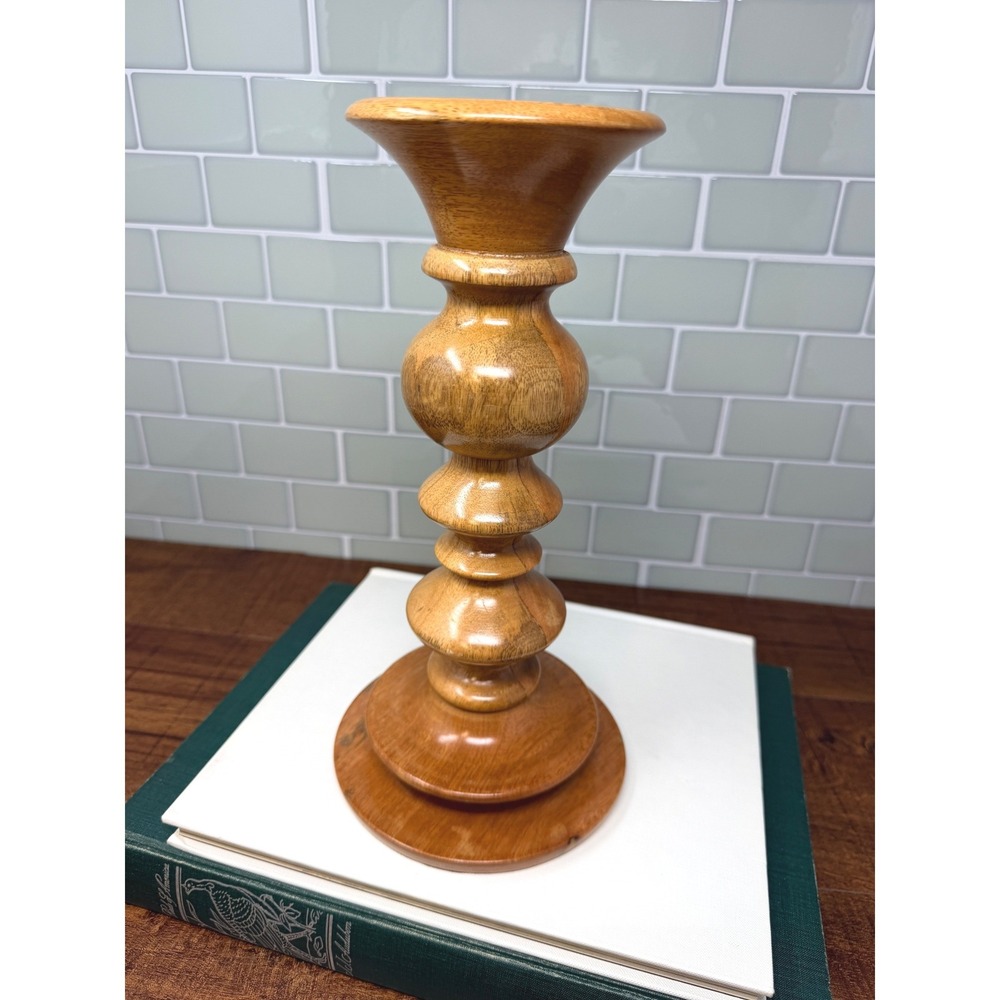Pottery Barn Turned Fruit Wood Medium Pillar Candle Holder Hand Carved India